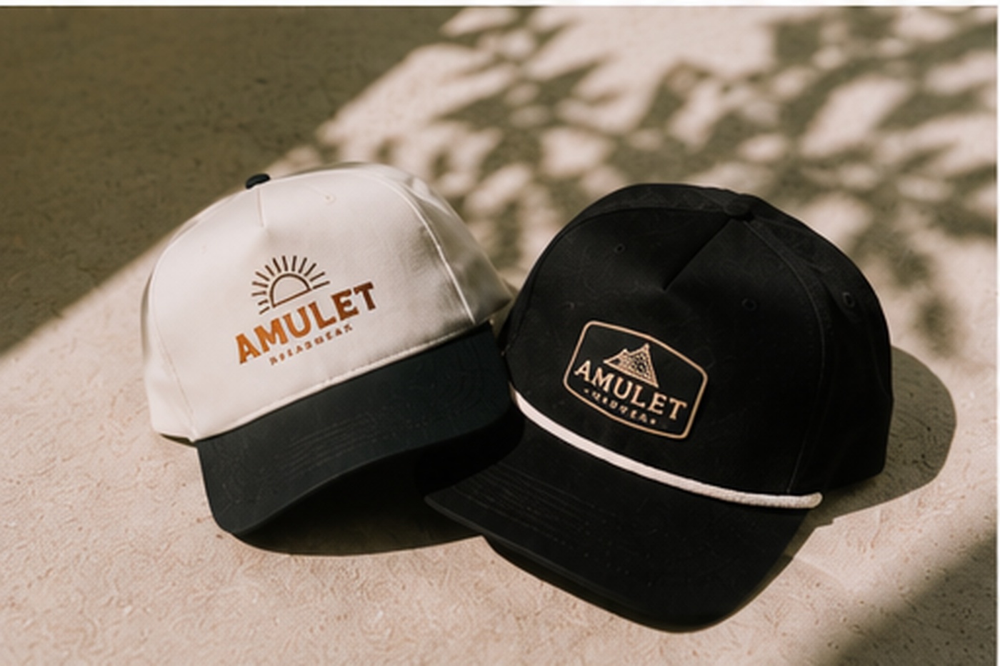 Two custom Amulet caps — sun design on cream, mountain patch on black