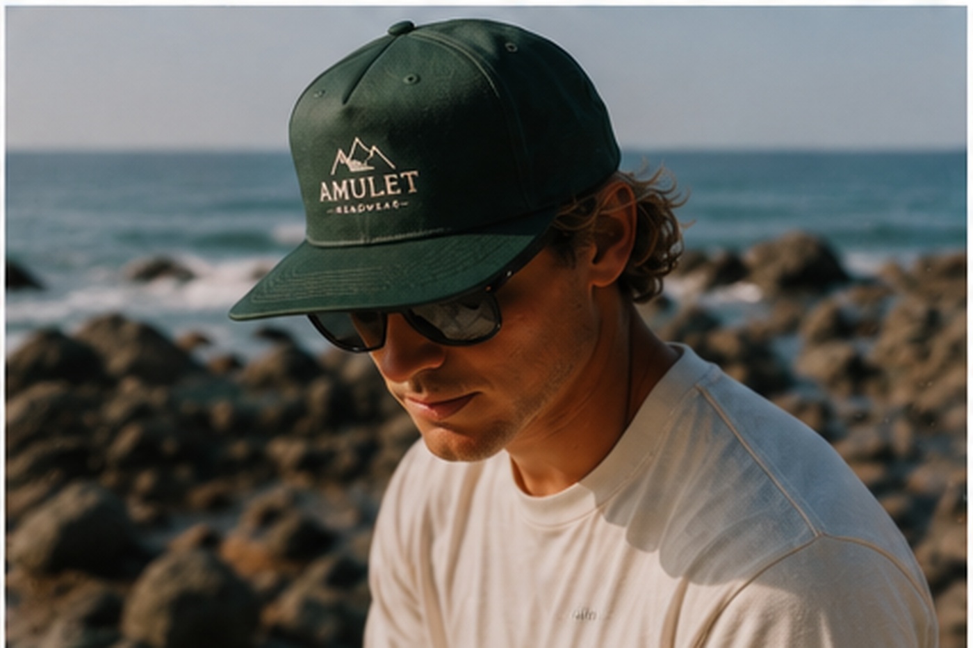 Person in dark green Amulet cap by the Pacific